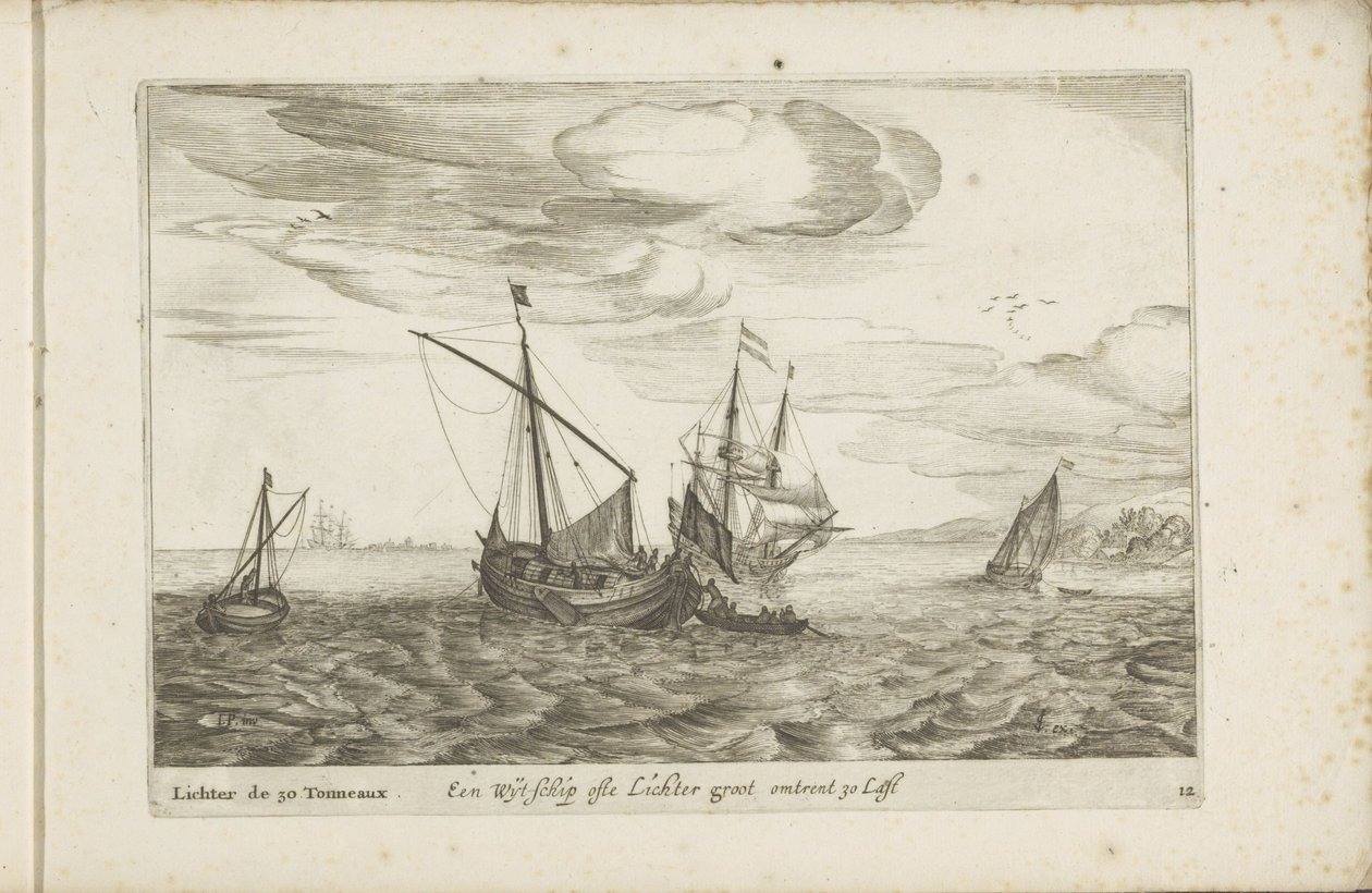 Wijdschip z lichtera Een Wyt-schip ofte Lichter groot about 30 Last / Lichter de 30 Tonneaux (název na objektu) Rozmanité lodě nejsou na sert dans les Provinces Unies od Robert de Baudous (possibly)