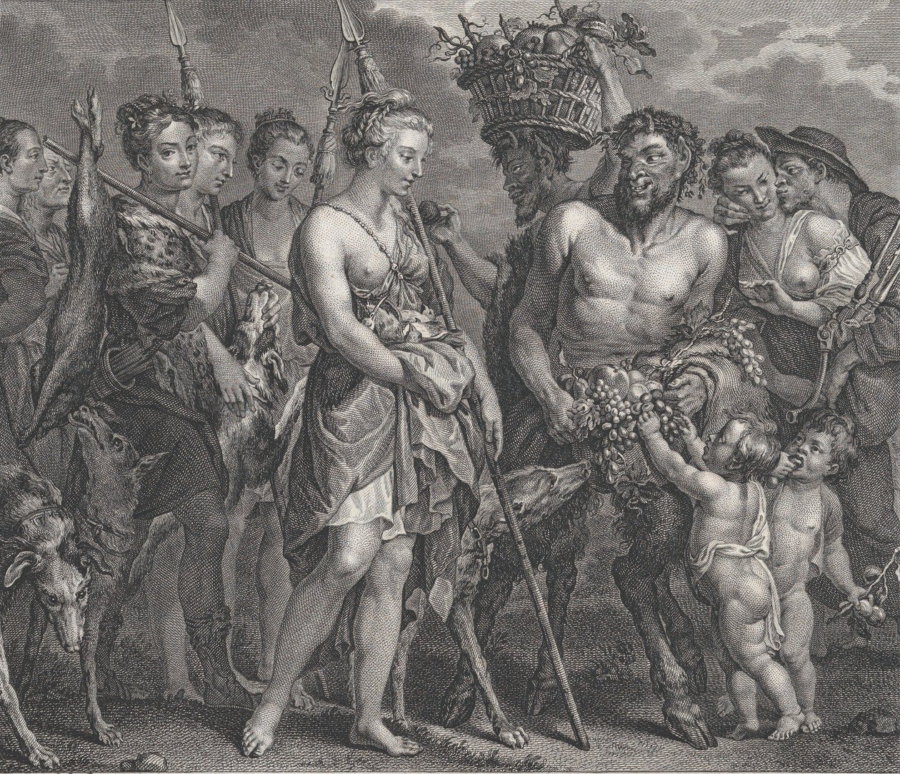 Diana vracející se z honičky, v doprovodu psů a jejích nymf vlevo, dva satyři..., ca. 1808 od Robert de Launay