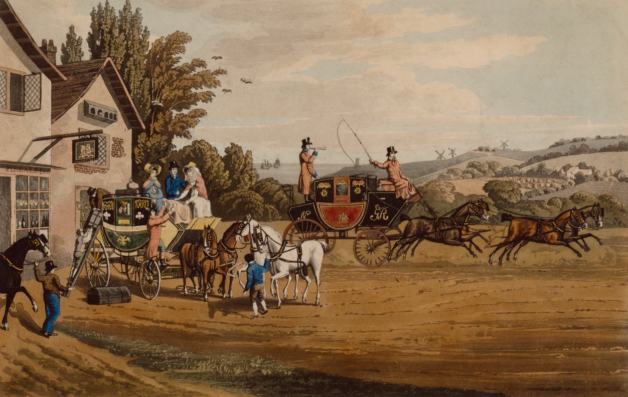 London Mail and Stage Coach (barevná rytina) od Robert the Elder Havell