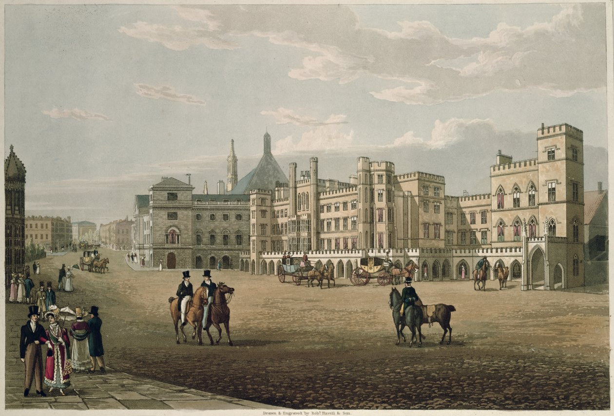 Pohled na Sněmovnu lordů a Commons, z Old Palace Yard, hospoda. 1821 Colnaghi und Co. (akvatinta) od Robert the Elder and Younger Havell