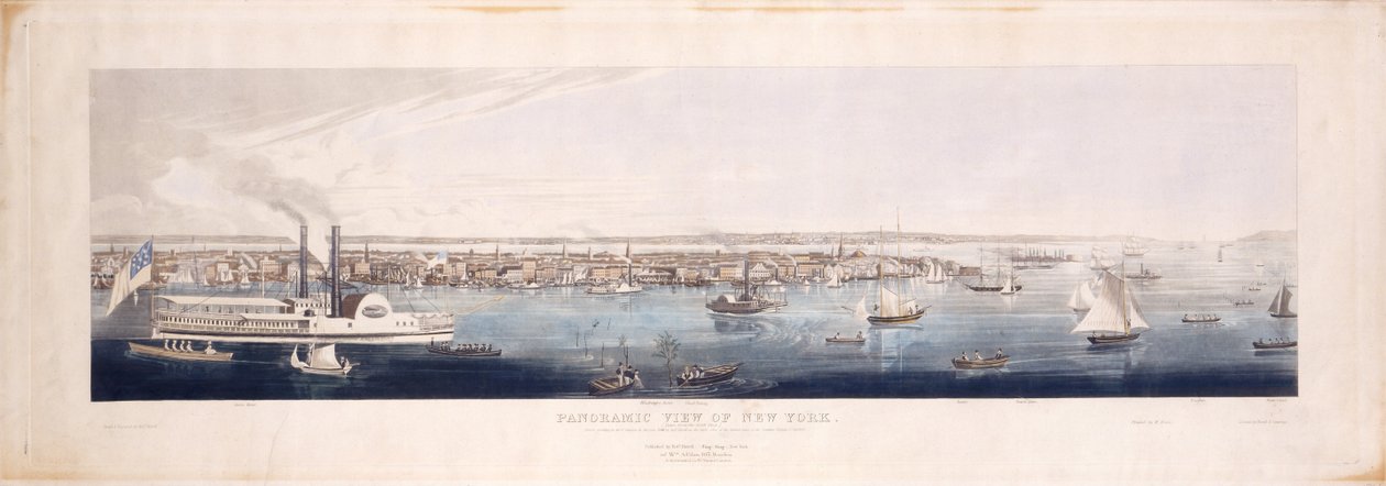 Panoramatický pohled na New York, pořízený od řeky North [Hudson], 1844 (ručně kolorovaný lept a akvatinta, pátý stát) od Robert the Younger Havell