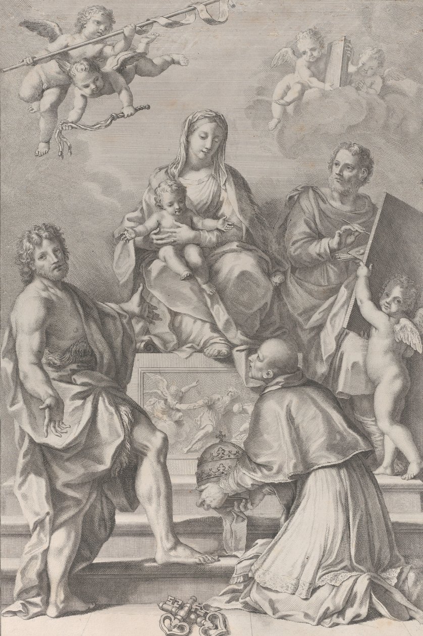 Madona s dítětem v centru se svatým Janem Křtitelem, svatým Lukášem, papežem Petrem Celestinim,..., 1694. od Robert van Audenaerde