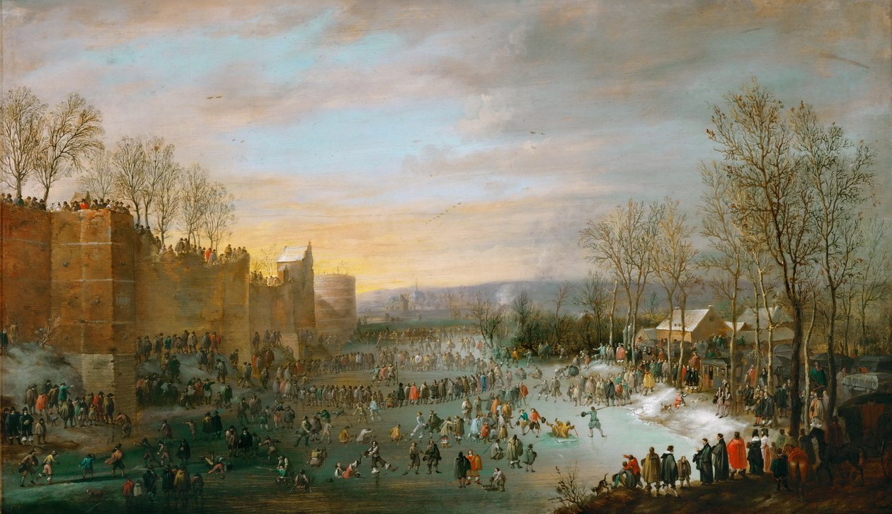 Patinage sur les douves Gelees de Bruxelles - bruslení v městském příkopu v Bruselu, Hoecke, Robert van den (1622-1668). olej na dřevo od Robert van den Hoecke