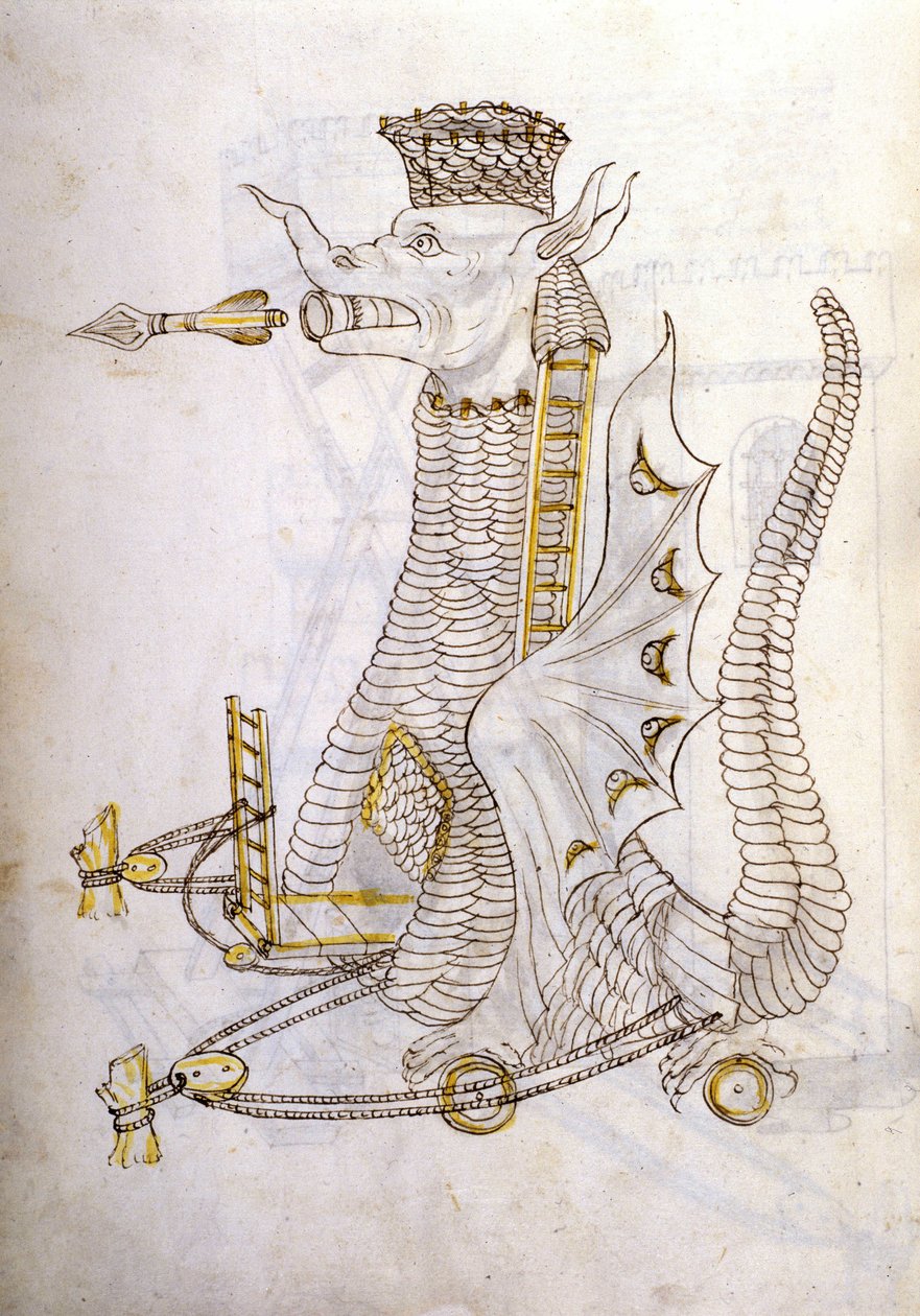 Stroj na arabiku. Ilustrace arabského válečného stroje ve tvaru draka s obřími šípy vycházejícími z jeho tlamy. V 