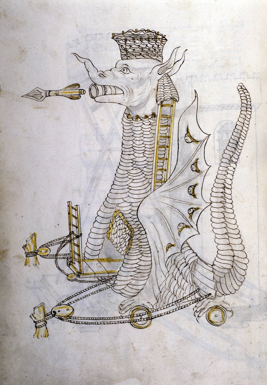 Umění války: studium vojenských strojů. „Arabica machina“, arabský stroj na obléhání města, ilustrace z „De re Militari“ od inženýra Roberta Valturia (1413-1483?) od Roberto Valturio