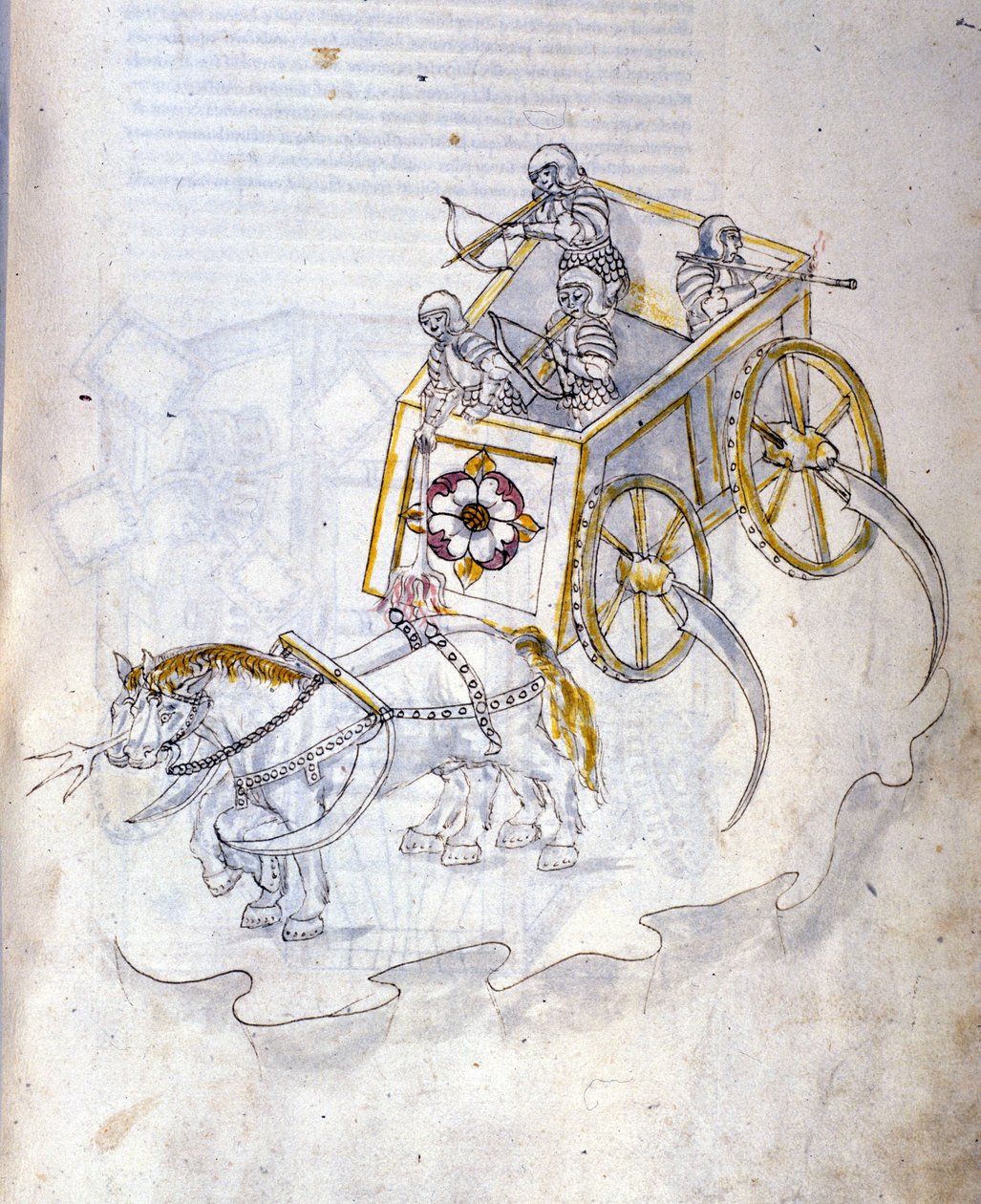 Umění války: studium vojenských strojů. Tank vybavený kosami, ilustrace z „De re Militari“ od inženýra Roberta Valturia (1405-1483?) od Roberto Valturio