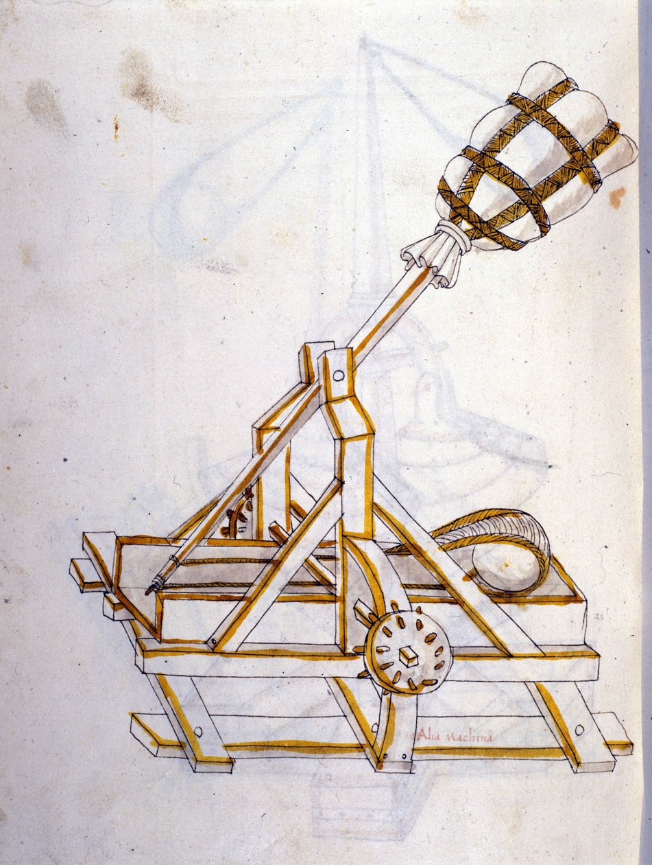 Umění války: studium vojenských strojů. katapult, ilustrace z „De re Militari“ od inženýra Roberta Valturia (1405-1483?) od Roberto Valturio