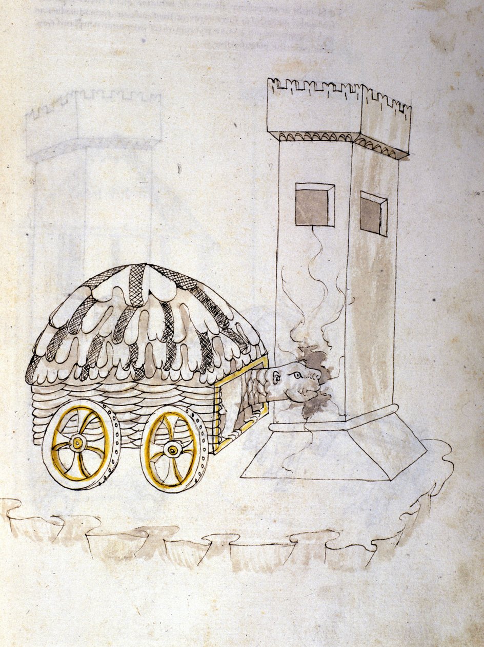 Umění války: studium vojenských strojů. stroj vybavený krunýřem útočící na věž, ilustrace z „De re Militari“ od inženýra Roberta Valturia (1405-1483?) od Roberto Valturio