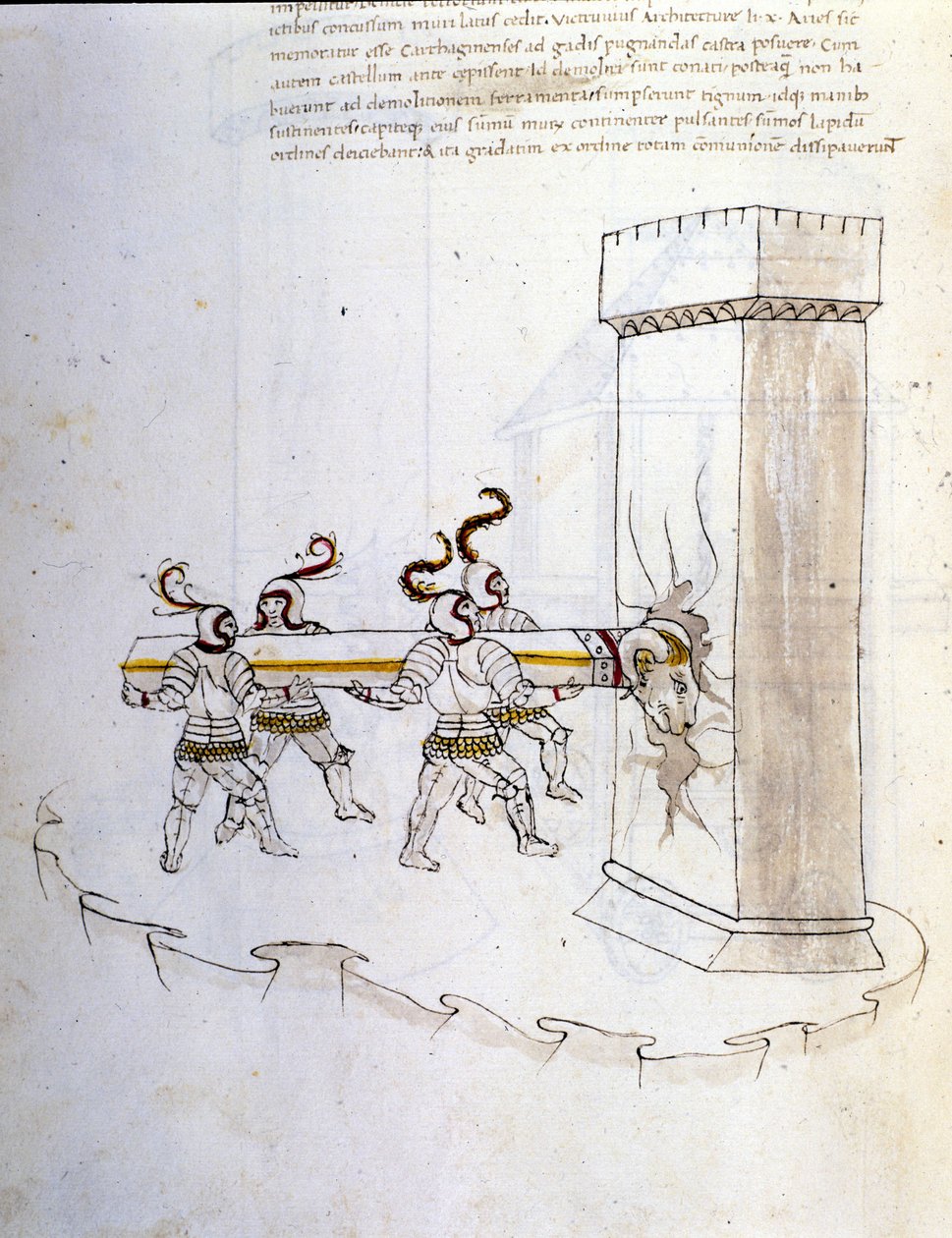 Umění války: studium vojenských strojů. použití berana k obléhání věže, ilustrace z „De re Militari“ od inženýra Roberta Valturia (1405-1483?) od Roberto Valturio