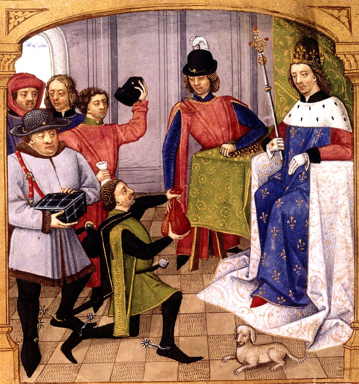 Francouzský příbuzný Philip V (1293-1322) přijímající daň, iluminace Robinet Testard z "Grandes Chroniques de France" 1471 od Robinet Testard