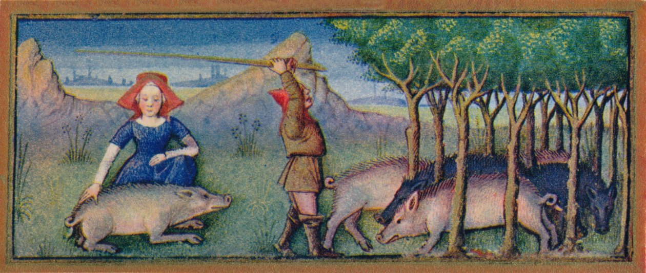 Říjen - krmení prasat na žaludech, 15. století, 1939. od Robinet Testard