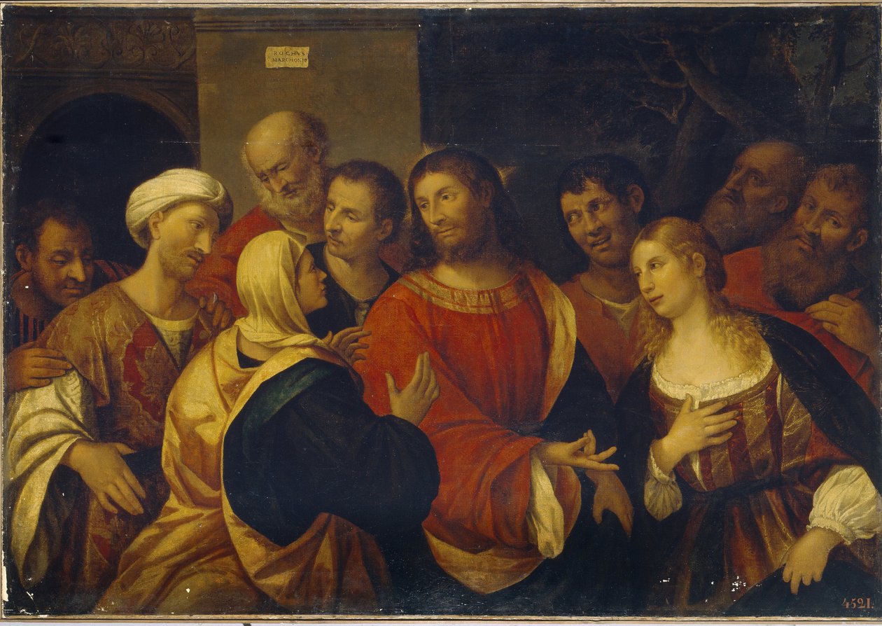 Kristus v domě Marty a Marie. (Kristus v domě Marty a Marie). Sestry Marthe a Marie de Bethanie vítají Ježíše a jeho učedníky. Obraz Rocco Marconi (kolem 1490-1529), olej na plátně. Italské umění (Benátky) od Rocco Marconi