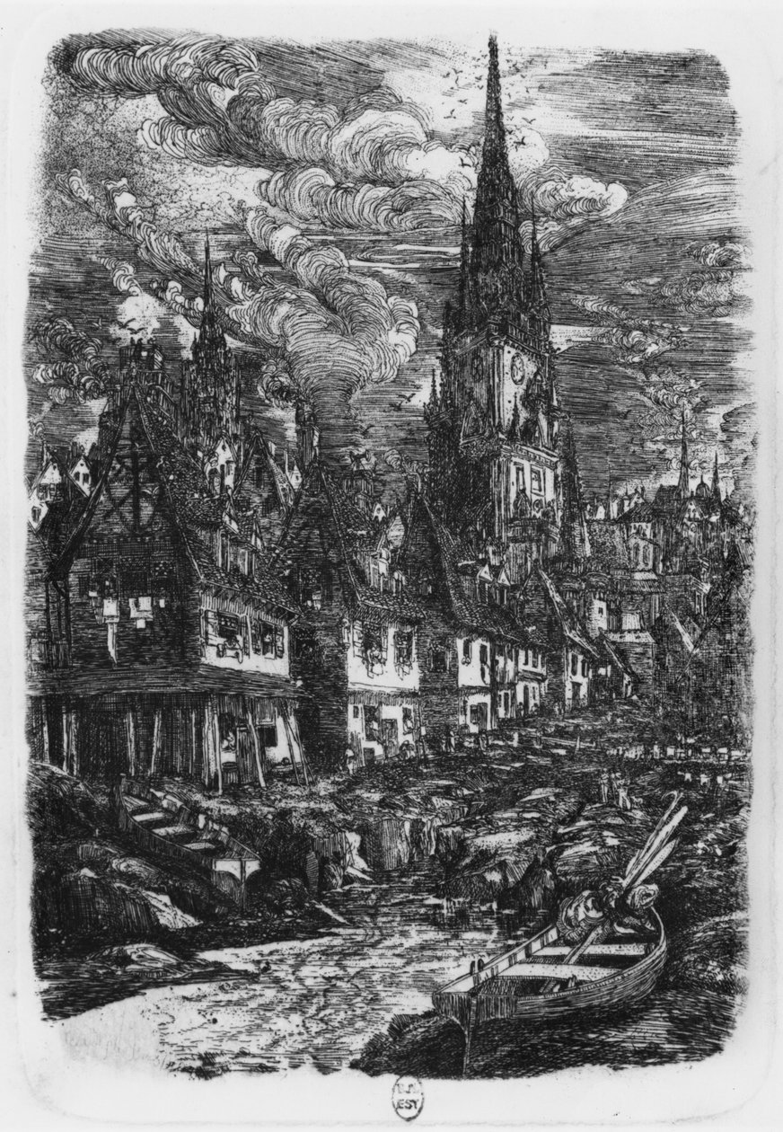 Rybářský přístav se špičatou věží, 1860 od Rodolphe Bresdin