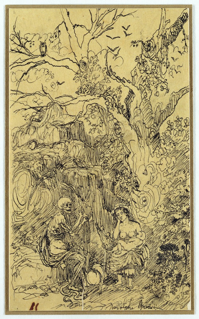 Matka a čas (La Mere et le Temps), kolem 1857-61 (indický inkoust a pero na papíře) od Rodolphe Bresdin