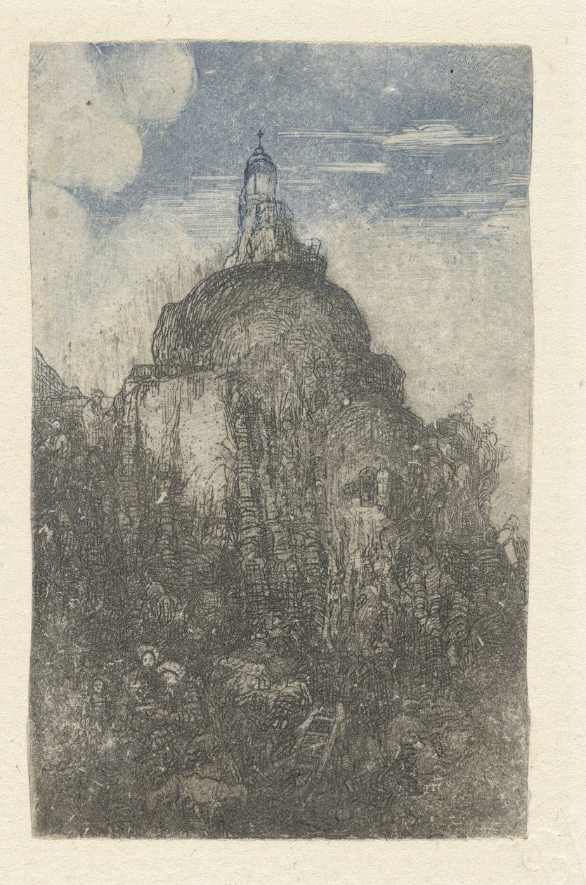 Stavení na skále a odpočívající pastýři s ovečkami na úpatí skály Le Phare Chapelle alpestre od Rodolphe Bresdin