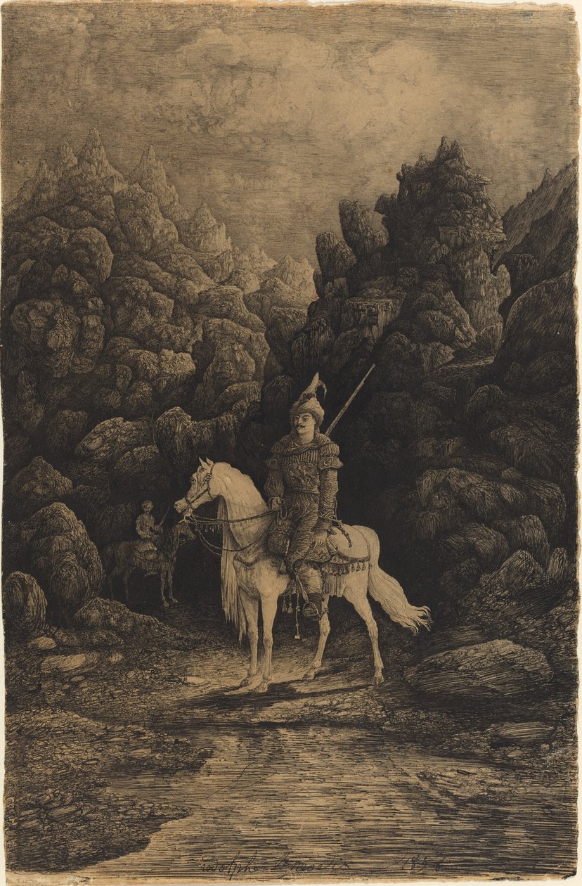 Orientální jezdec v pusté horské krajině od Rodolphe Bresdin