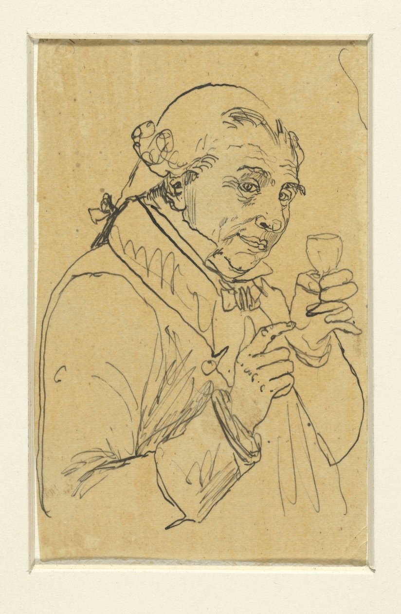 Alter Herr im 18. Jahrhundert Kostüm, in der linken Hand ein Glas Wein erhebend od Rodolphe Bresdin