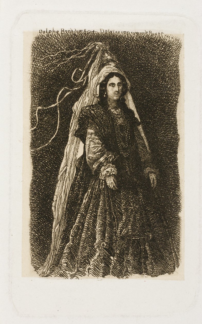 Žena ve fantastickém středověkém kostýmu od Rodolphe Bresdin