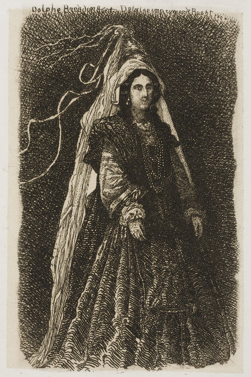 Žena ve fantastickém středověkém kostýmu od Rodolphe Bresdin