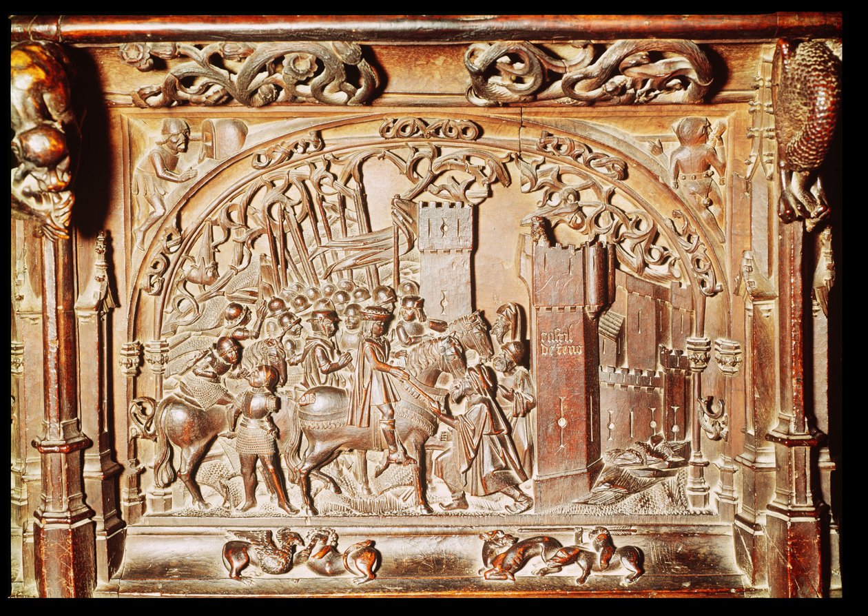 Scéna z nižšího patra sborových stánků ukazující dobytí Granady, 1495 (vyřezávané dřevo) od Rodrigo Aleman