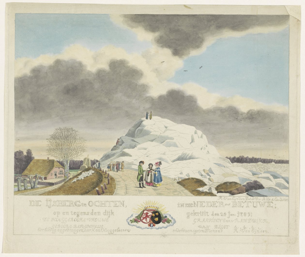 Zmrzlina v Ochtenu, 1789 Ledovec u Ochtenu v Dolním Betuwe; na a proti hrázi naprášené 24. ledna. 1789 (název na objektu) od Roeland van Eynden