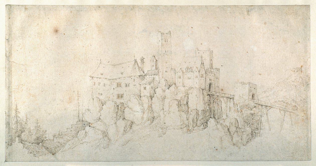 Hrad na útesu (pero a hnědý inkoust na papíře) od Roelandt Jacobsz. Savery