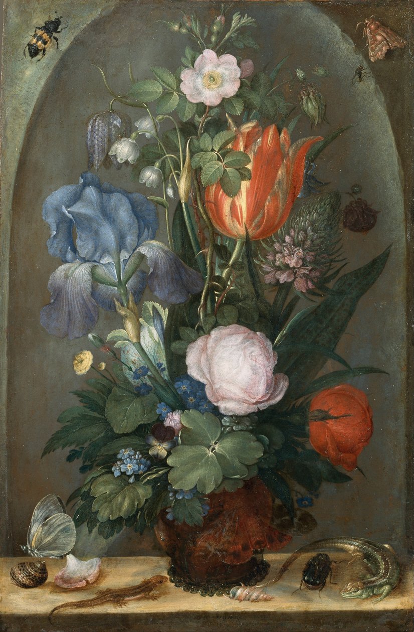 Květinové zátiší se dvěma ještěrky, 1603 od Roelant Savery