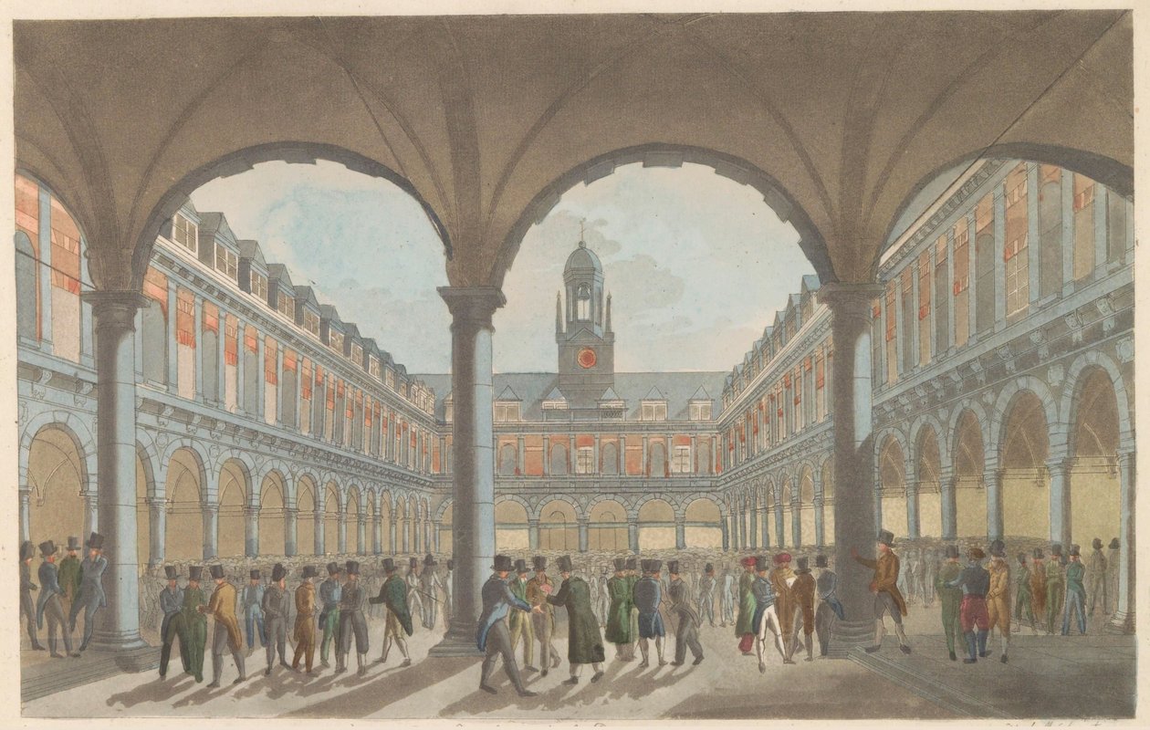 Burza cenných papírů v Amsterdamu, asi 1825 Burza cenných papírů v Amsterdamu / La Bourse à Amsterdam (název na předmětu) od Roelof van der Meulen
