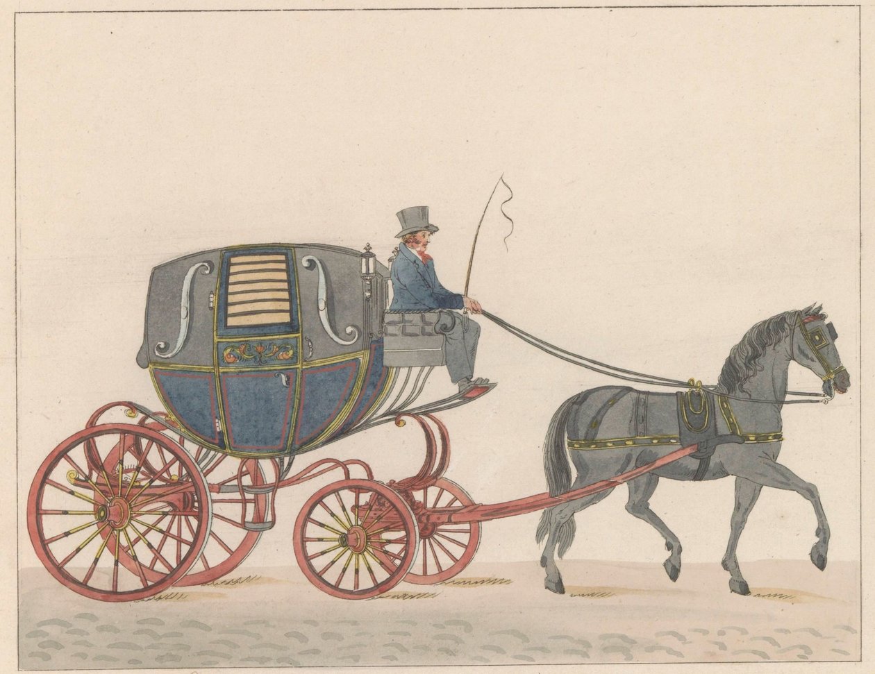 Koňský povoz v Amsterdamu, asi 1825 An Amsterdamsche Huurkoetsje nebo Moped / Un Fiacre de Louage v použití v Amsterdamu A ij connu sous la nom de Brommertje (název na objektu) od Roelof van der Meulen