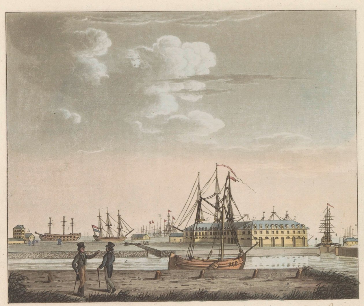Rijkswerf Willemsoord, asi 1825 Pohled na Willemsoord na volném prostranství - poblíž Nieuwendiepu a vstupu do velkého kanálu Noord-Hollandsch / Vue de Willemsoord au clear prês du Nieuwendiep, et L