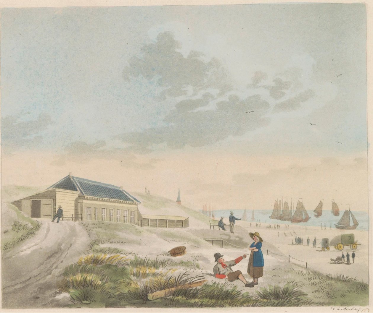 Pláž v Scheveningenu, asi 1825 Pohled na pláž a duny v Scheveningenu a představení lázeňského domu pana Pronka / Vue du rivage et des dunes a Scheveninge et representation des Bains appartement à mons.r Pronk (název na objektu) od Roelof van der Meulen