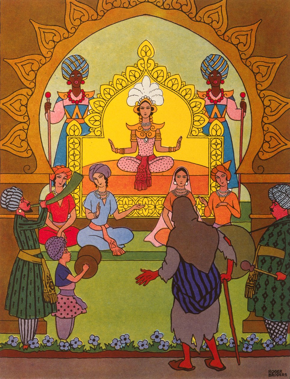 Pari Banou sedící na zlatém trůnu, ilustrace k filmu "Princ Ahmed a víla Pari Banou" z "Arabských nocí". od Roger Broders