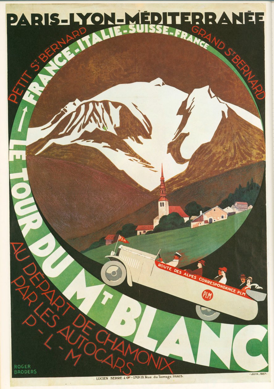 Roger Broders: Le Tour du Mont Blanc au départ de Chamonix par les Autocars P ... (litografie) od Roger Broders