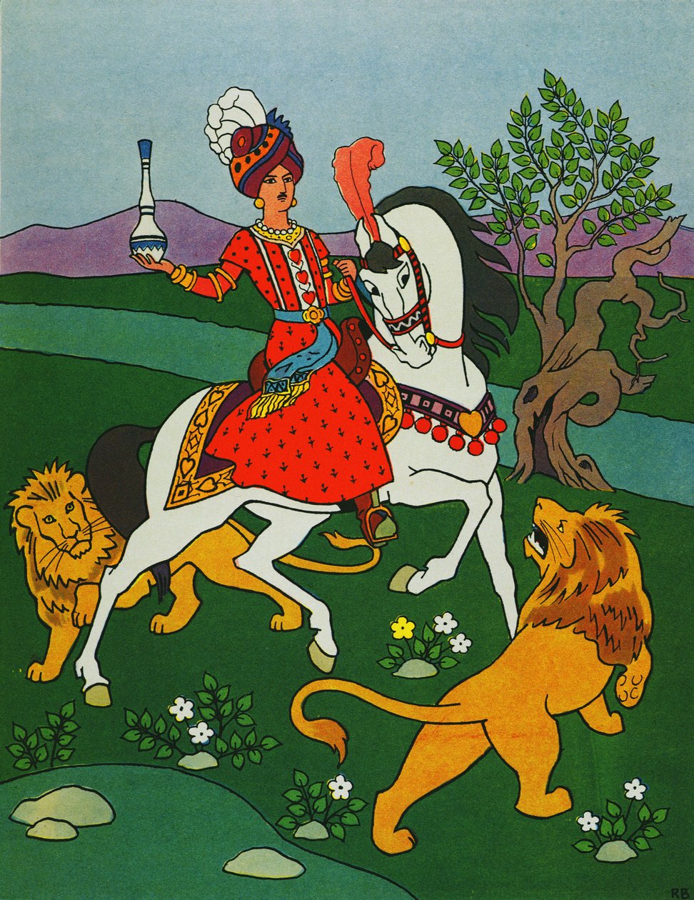 Princ na koni se dvěma lvy, ilustrace k "Princi Ahmedovi a víle Pari Banou" z "Arabských nocí od Roger Broders