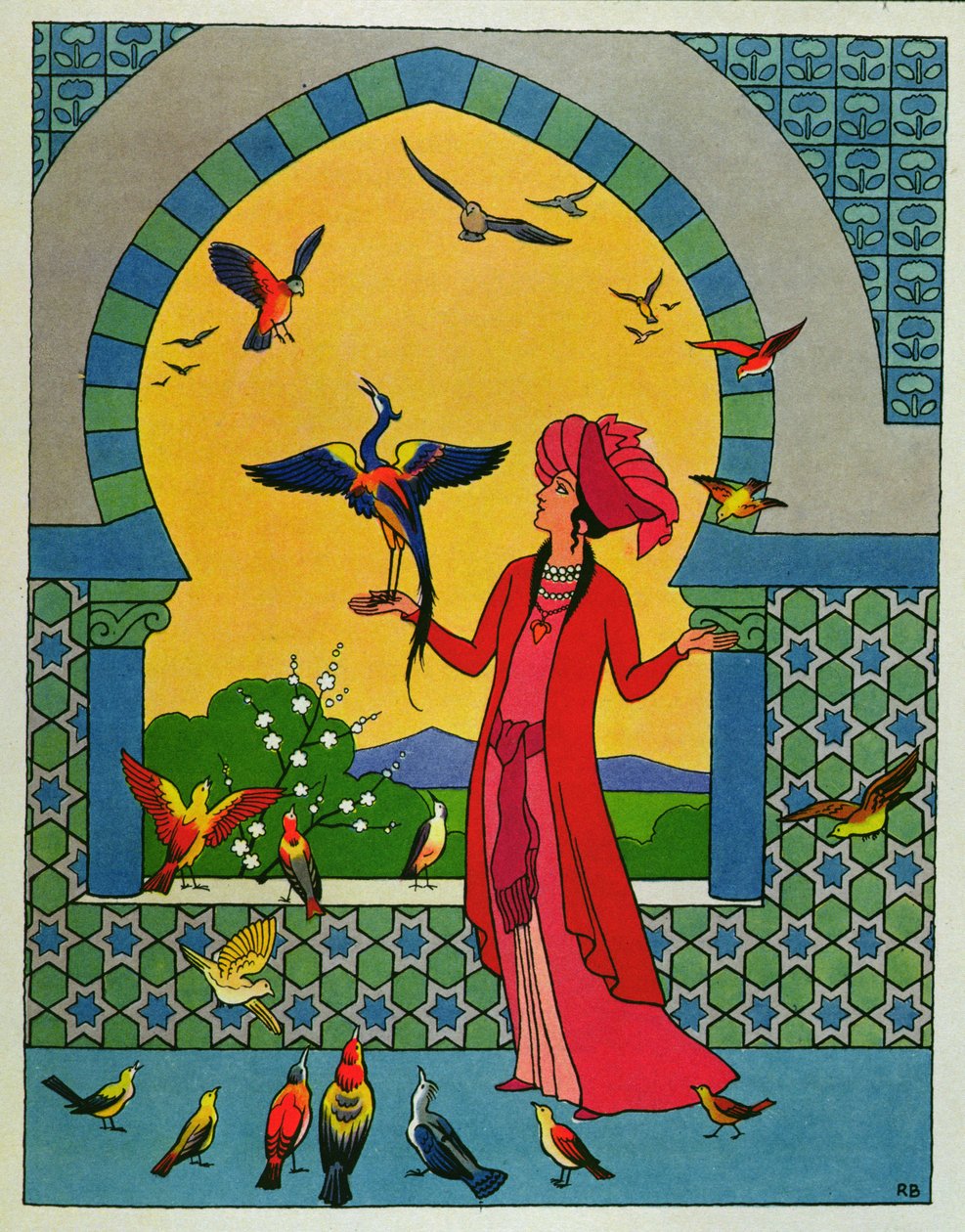 Princezna se radí s ptákem Bulbulhezarem, ilustrace k filmu "Dvě žárlivé sestry" z "Arabských nocí od Roger Broders