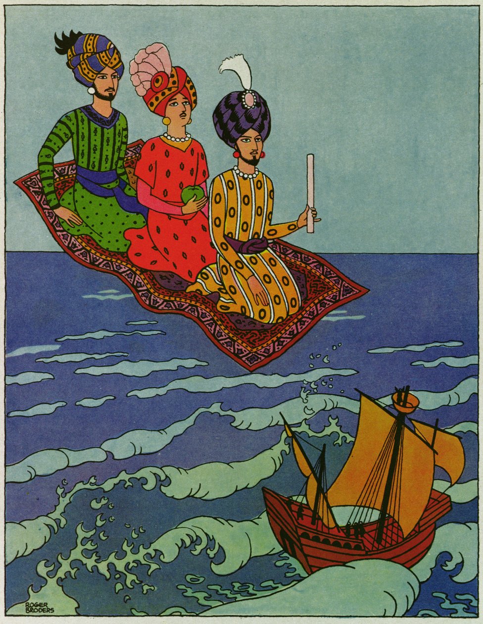 Byly rychle přeneseny, ilustrace k "Princi Ahmedovi a víle Pari Banou" z "Arabských nocí". od Roger Broders