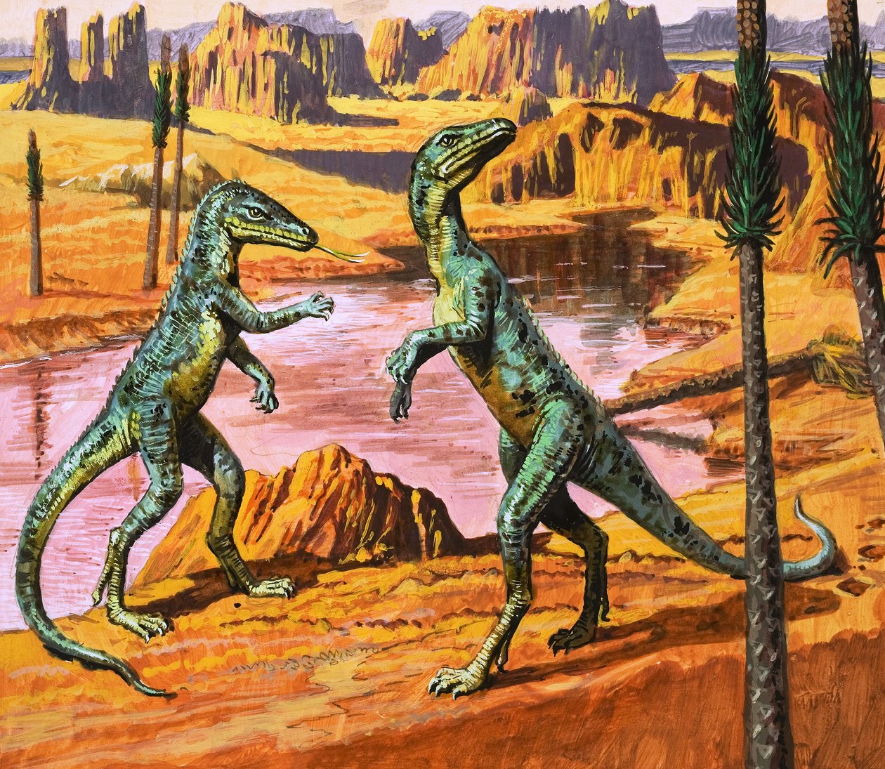 Saltoposuchus, ilustrace z knihy "Za časů dinosaurů, objev v poušti", 1980 (kvaš na papíře) od Roger Payne