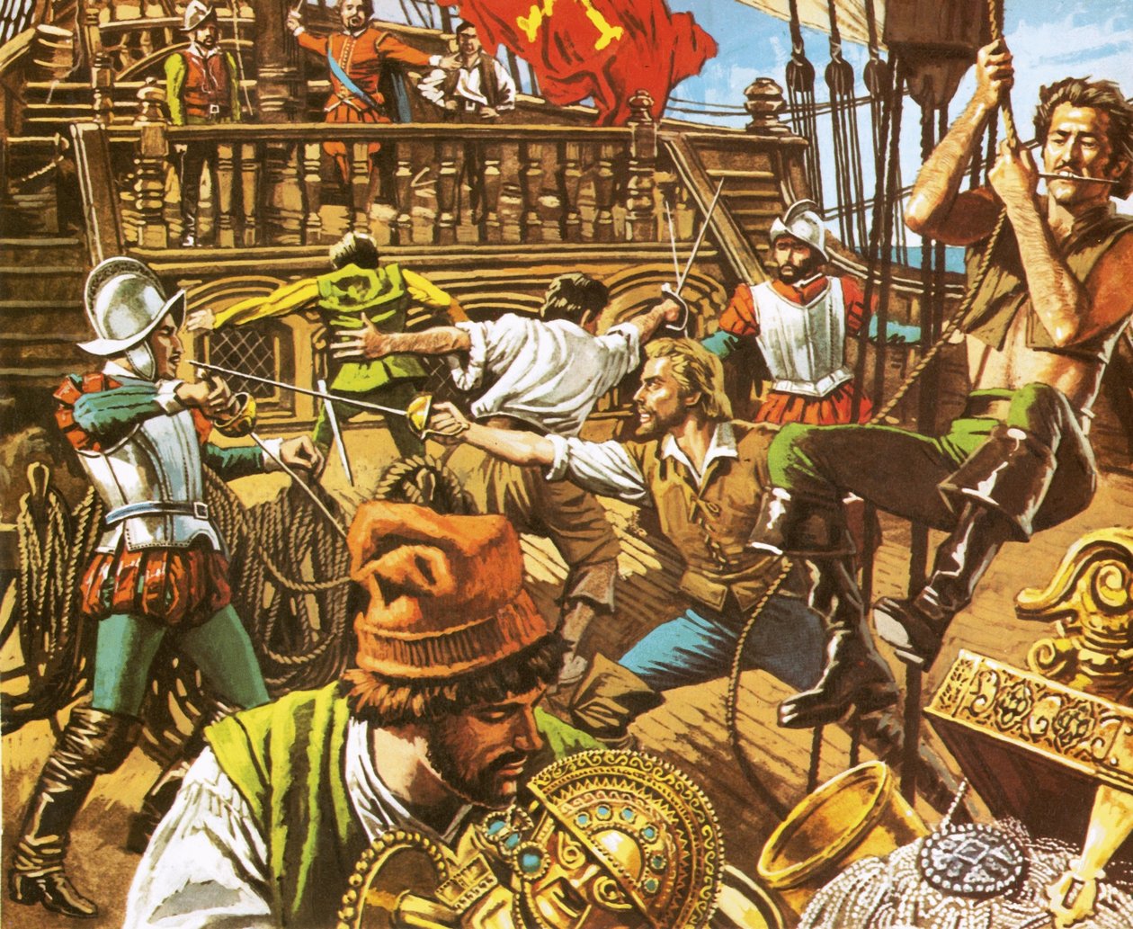 Sir Francis Drake útočí na Španěly od Roger Payne