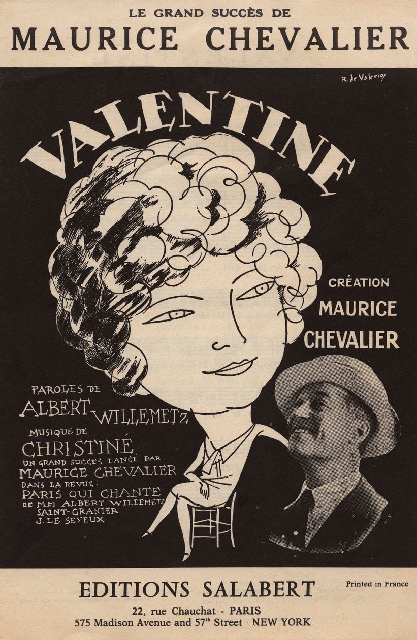 Obálka partitury velkého úspěchu Maurice Chevaliera "Valentine" text Albert Willemetz hudba Christine Salabert, cca 1925 (tisk) od Roger de Valerio