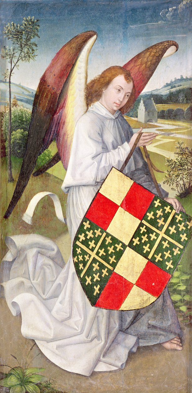 Anděl držící štít s heraldickými pažemi de Chaugy a Montagu, 1460-66 od Rogier van der Weyden