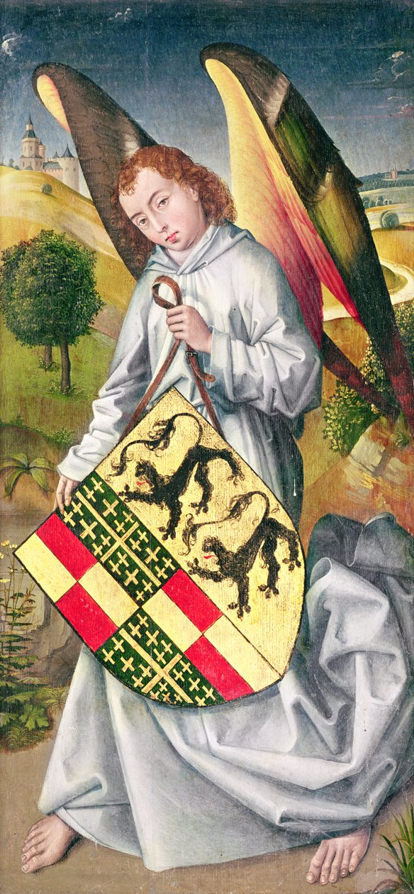 Anděl držící štít s heraldickými pažemi rodin de Chaugy a Montagu se dvěma leopardy z rodiny de Jaucourt, 1460-66 od Rogier van der Weyden