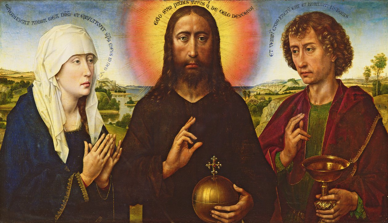 Kristus Vykupitel s Pannou Marií a sv. Janem Evangelistou, centrální panel z Triptychu rodu Braque od Rogier van der Weyden