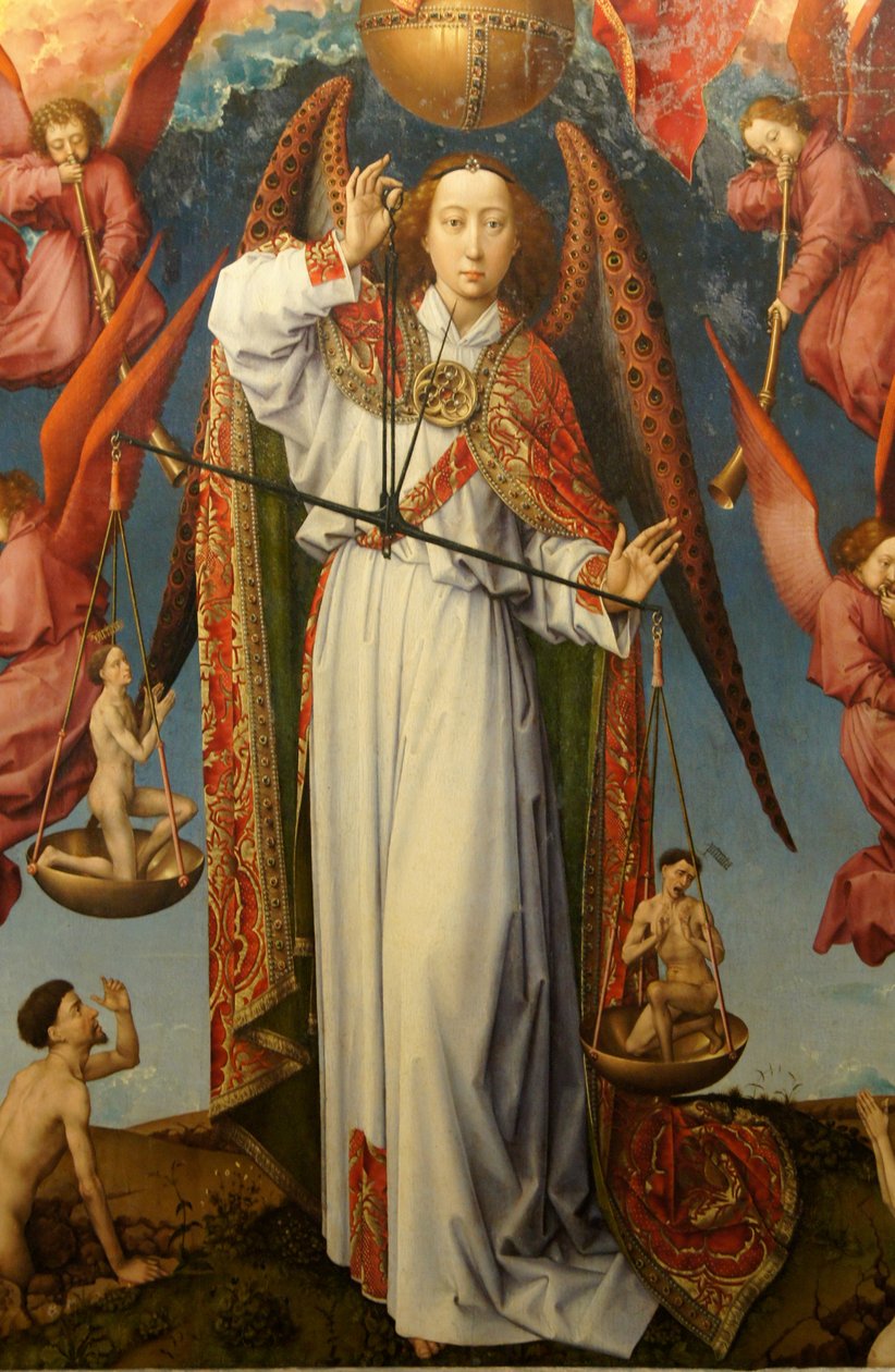 Detail archanděla svatého Michaela vážícího duše, oltářní obraz posledního soudu od Rogier van der Weyden