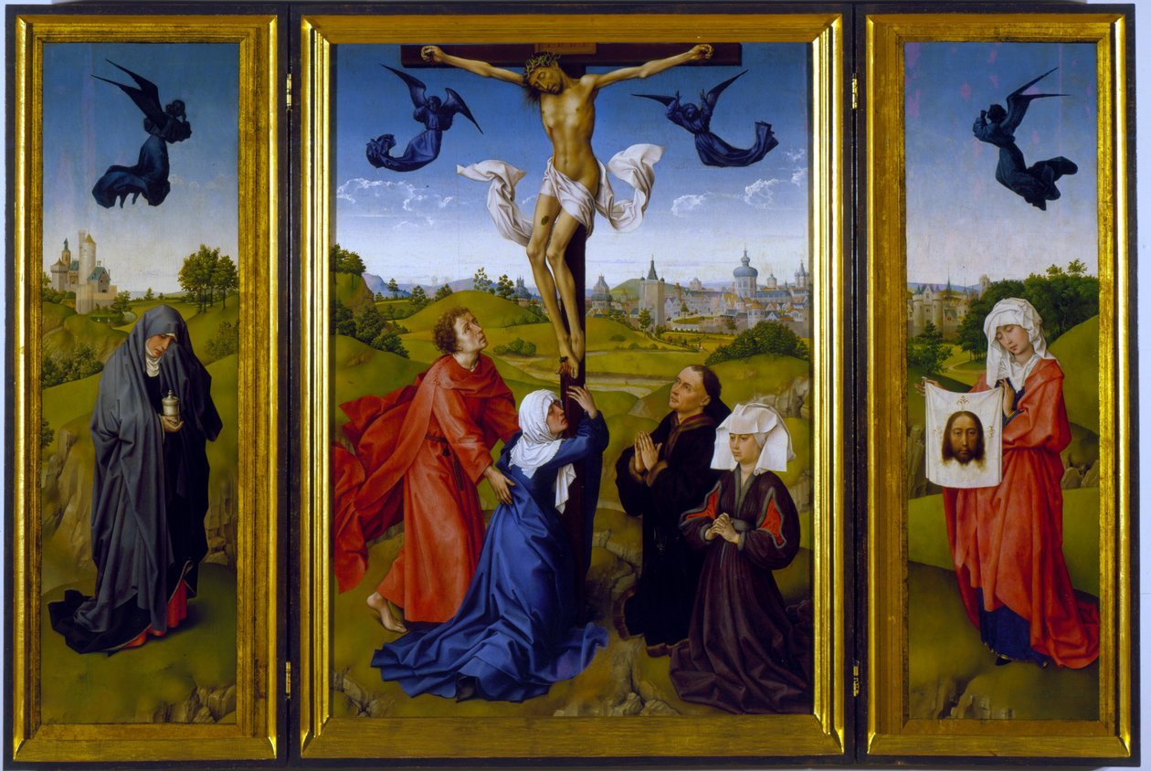 Ukřižovací triptych se sv. Máří Magdalenou, sv. Veronikou a neznámými patrony, kolem 1440-45 od Rogier van der Weyden