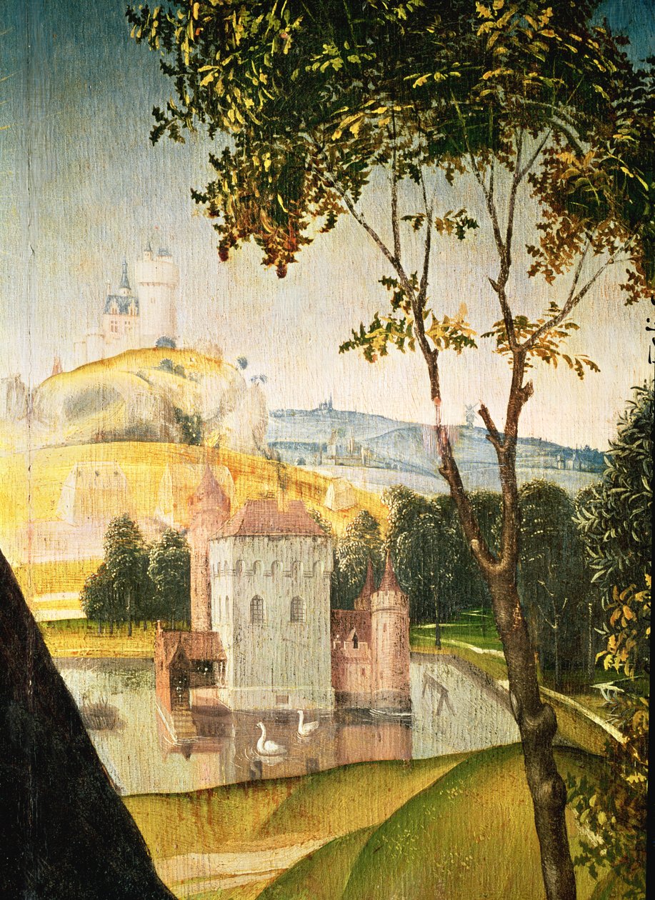 Krajina s hradem v příkopu a dvěma labutěmi, 1460-66 (detail 344036) od Rogier van der Weyden