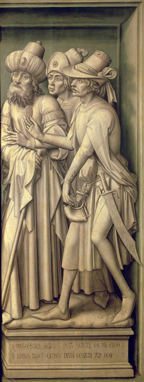 Tři farizeové s Caesarovou mincí, z Triptychu Vykoupení od Rogier van der Weyden