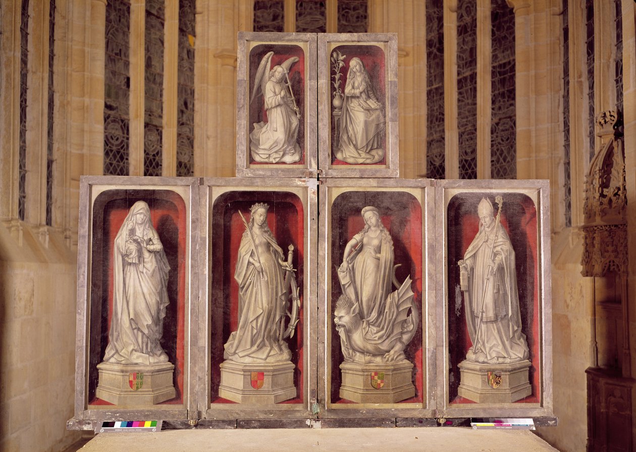 Pohled na panely uzavřeného oltářního obrazu, zobrazující Zvěstování a světce, 1460-66 od Rogier van der Weyden
