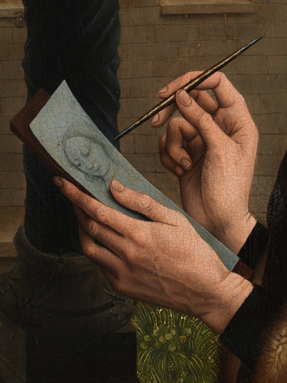 Detail svatého Lukáše kreslícího portrét Panny Marie (olej na desce) od Rogier van der (after) Weyden