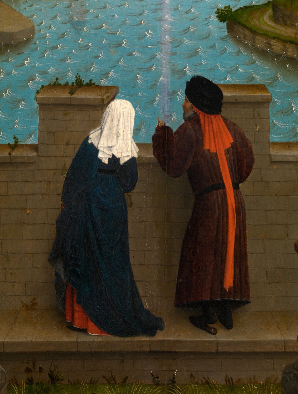 Detail svatého Lukáše kreslícího portrét Panny Marie (olej na desce) od Rogier van der (after) Weyden
