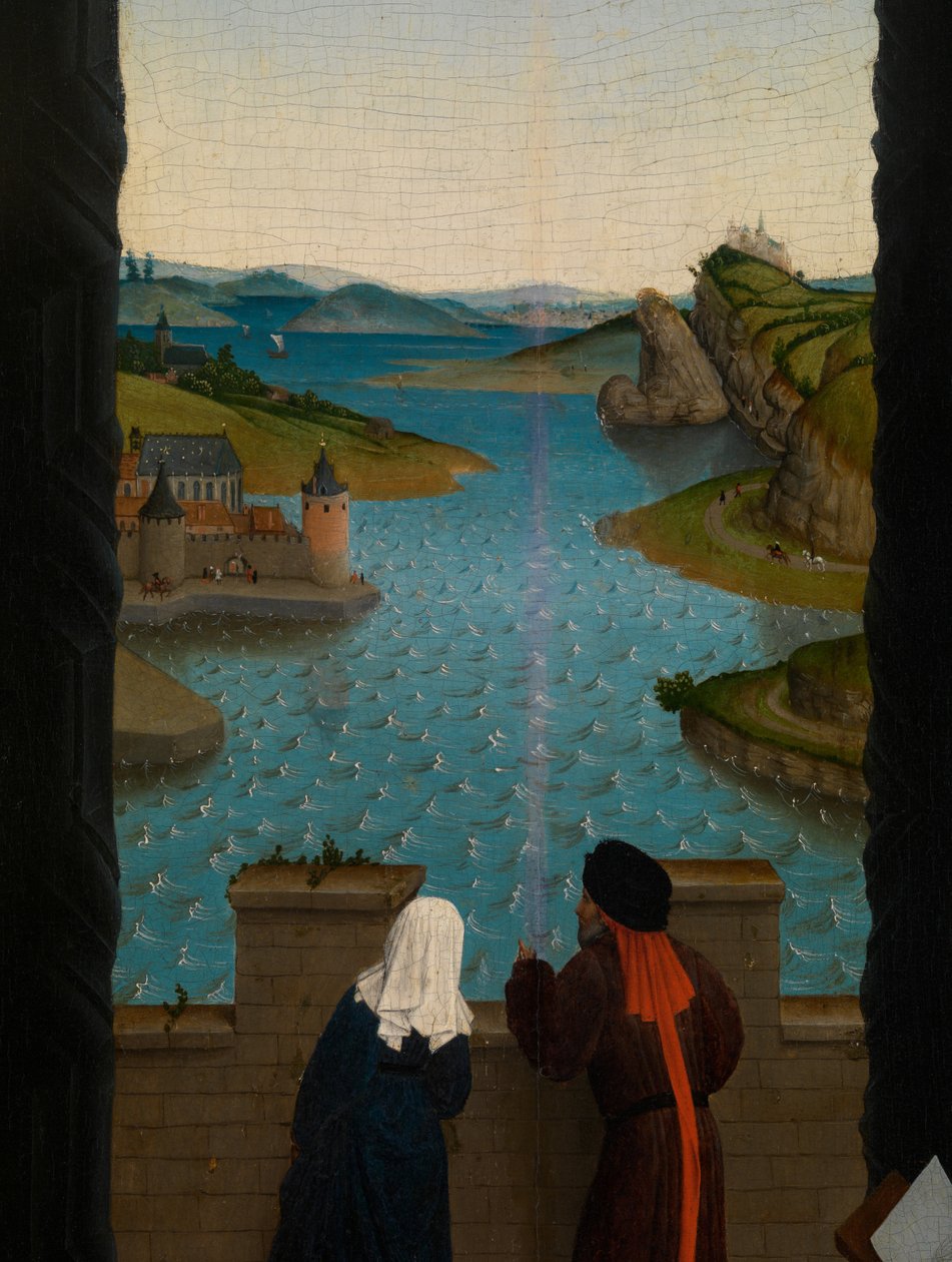 Detail svatého Lukáše kreslícího portrét Panny Marie (olej na desce) od Rogier van der (after) Weyden